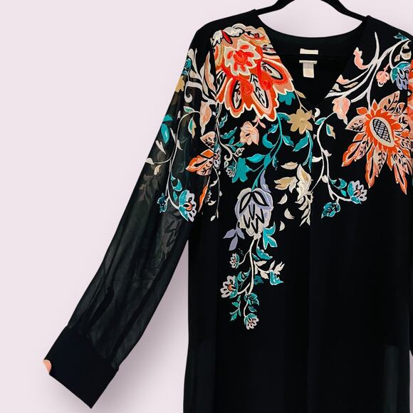 Chico's Womens Top 1 Medium Black Twofer Attached Shell Sheer Tunic Embroidered - Picture 5 of 14
